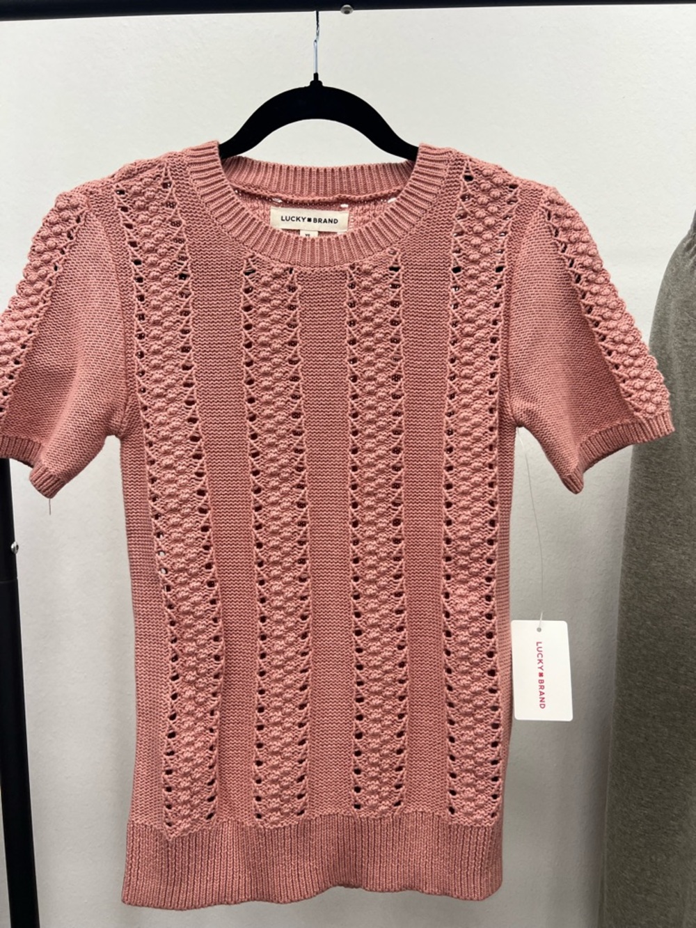 Lucky Brand Rose Pink Openwork Knit Short Sleeve Top